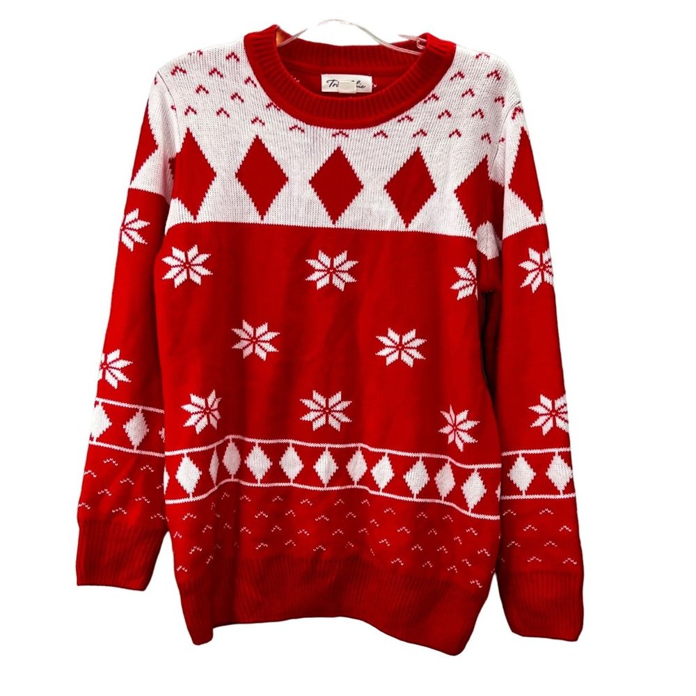 Vintage Tres Chic Fair Isle Nordic Sweater size M Red White Crewneck Knit